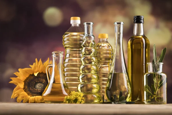 Cooking Food Oil Products Extra Virgin Olive Sunflower Seed Rapeseed — Stock Photo, Image