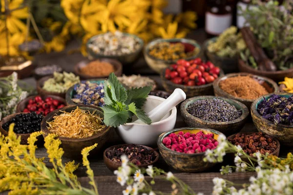 Naturheilmittel Kräutermedizin Und Holztischhintergrund — Stockfoto