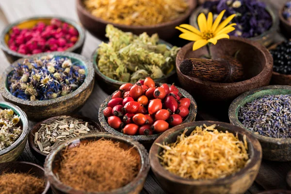 Homeopatía Medicina Herbal Mesa Madera —  Fotos de Stock