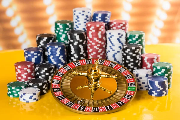 Poker Chips Gaming Table Roulette Wheel Motion Casino Background — Stock Photo, Image