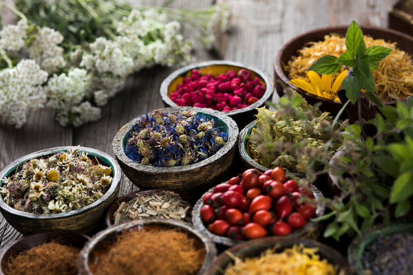 Natural remedy, healing herbs background