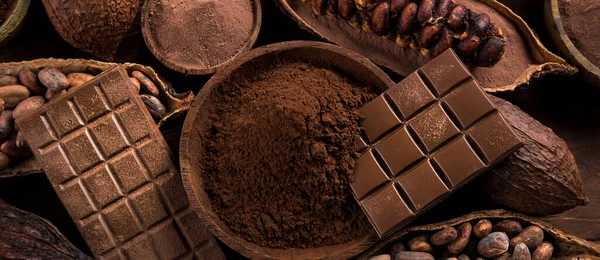 Barra Chocolate Dulces Dulces Granos Cacao Polvo —  Fotos de Stock