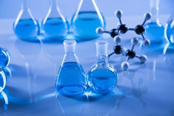 Laboratory Beakers Science Experiment Blue Background Stock Picture