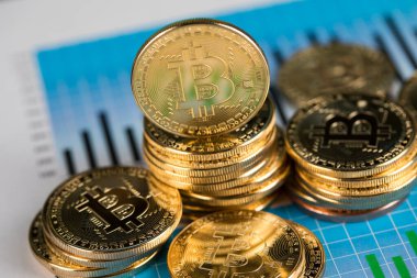 Golden Bitcoin coins, finance concept clipart