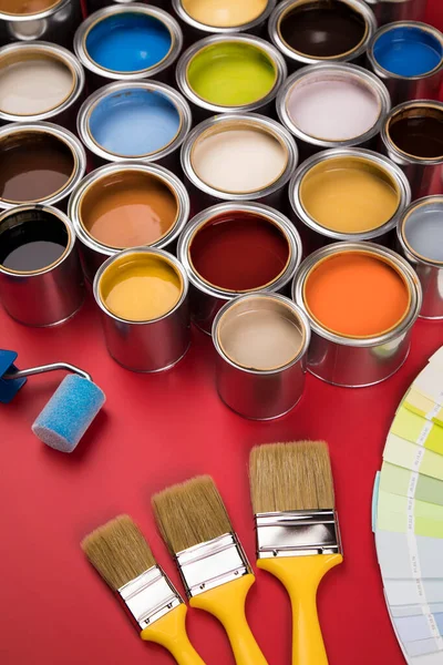Open Paint Cans Brush Rainbow Colors — Stock Photo, Image