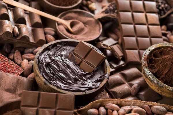 Barre Chocolatée Bonbons Sucrés Fèves Cacao Poudre — Photo