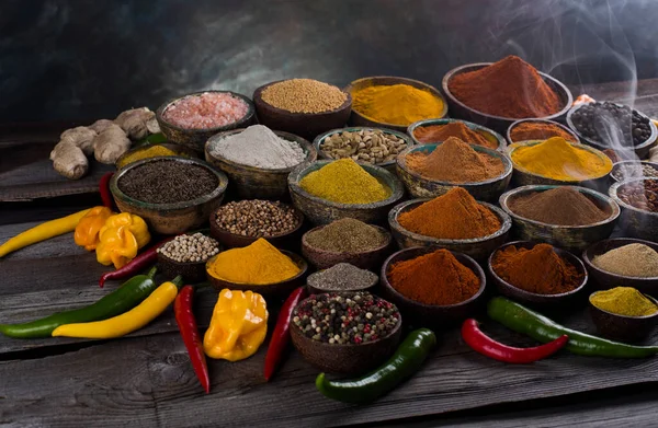 Assorted Spices Wooden Bowl Smoke — Stock Photo, Image