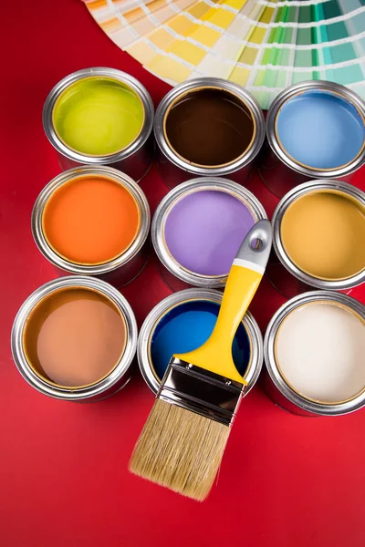 Paint Brush Tin Can Color Guide Samples — Stock Photo, Image