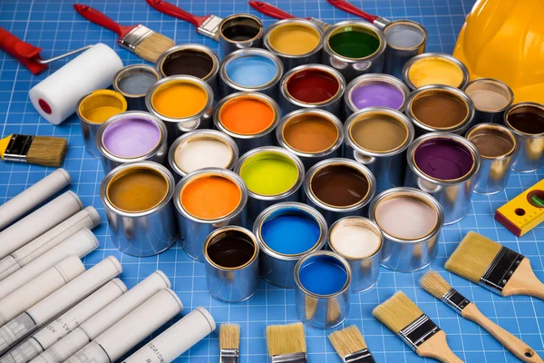 Paint Cans Palette Paintbrush Creativity Concept — Stock Photo, Image