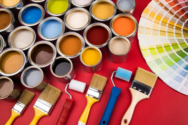 Tin Cans Paint Brushes Bright Palette Colors — Stock Photo, Image