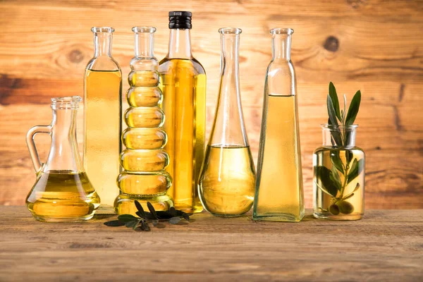 Bottles Olive Oil Olive Branch Cooking Oils — Stock Photo, Image