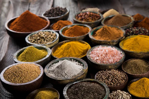 Spices Herbs Wooden Bowl Colorful Spices — Stock Photo, Image