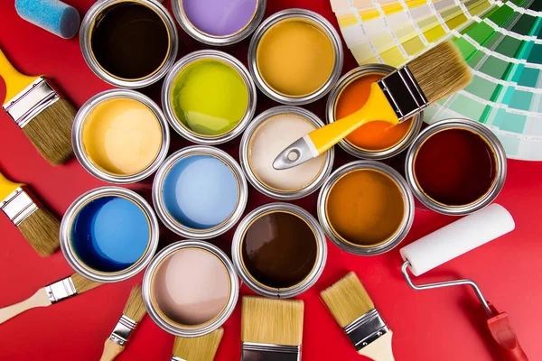 Tin Cans Paint Brushes Bright Palette Colors — Stock Photo, Image