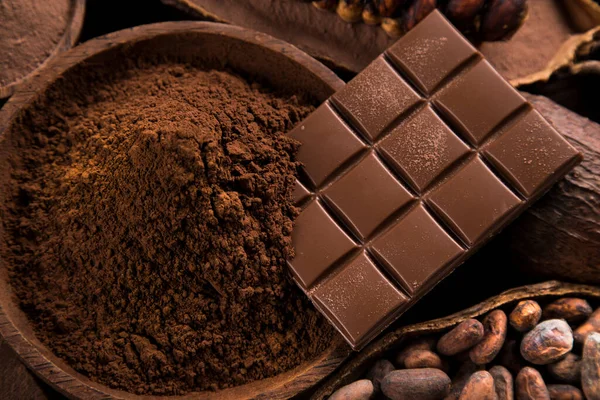Chocolate Bar Candy Sweet Cacao Beans Powder — Stock Photo, Image