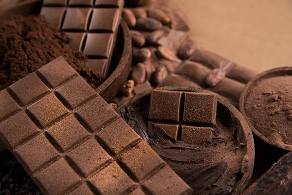Σοκολάτα Γλυκό Κακάο Pod Και Επιδόρπιο Τροφίμων Φόντο — Φωτογραφία Αρχείου