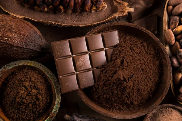 Vaina Cacao Barra Chocolate Fondo Postre Alimentos —  Fotos de Stock