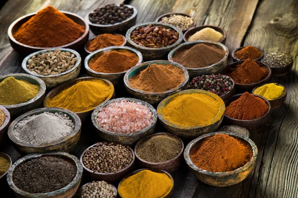 Spices Herbs Wooden Bowl Colorful Spices — Stock Photo, Image