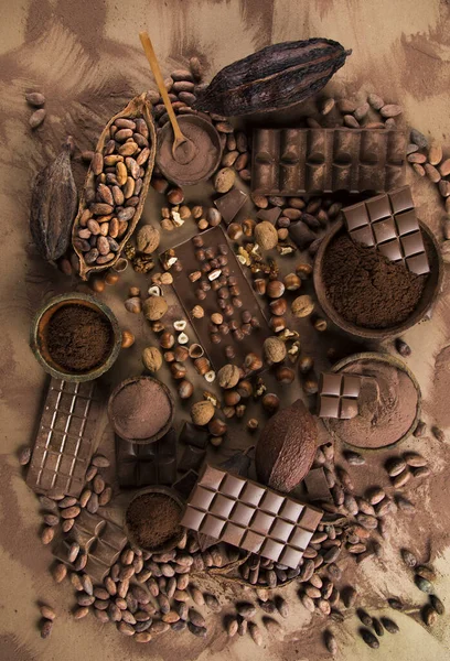 Válogatott Csokoládé Szelet Édességet Kakaó Hüvely — Stock Fotó