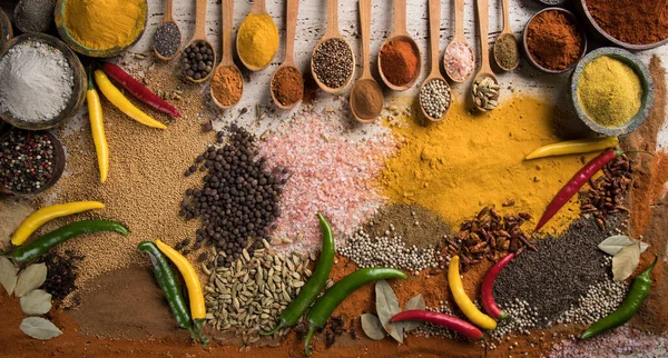 Assortment Spices Wooden Bowl Background — Stock Photo, Image