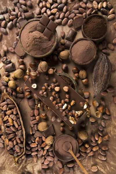Barras Chocolate Caseras Oscuras Vaina Cacao Madera — Foto de Stock