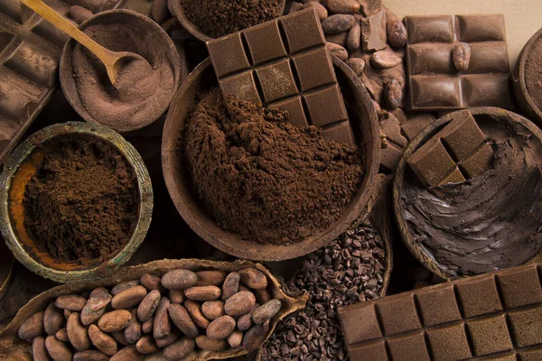 초콜릿 코코아 꼬투리와 디저트 — 스톡 사진