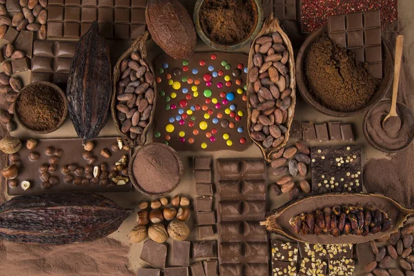 Chocolade Collectie Cacao Pod Snoep Zoet Dessert Natuurlijke Papieren Achtergrond — Stockfoto