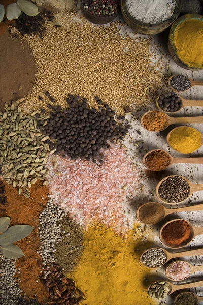 Assortment Spices Wooden Bowl Background — Stock Photo, Image