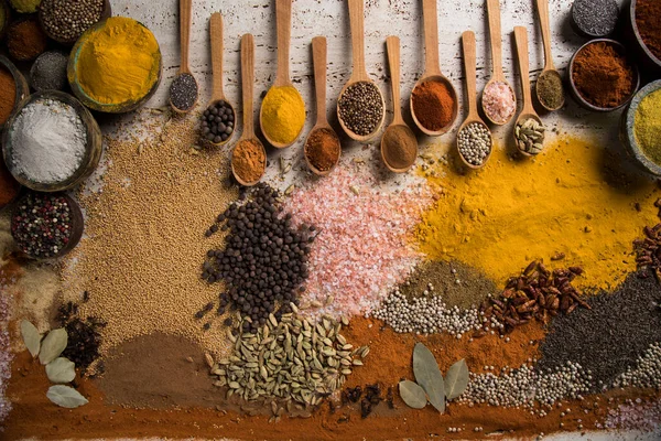 Assortment Spices Wooden Bowl Background — Stock Photo, Image