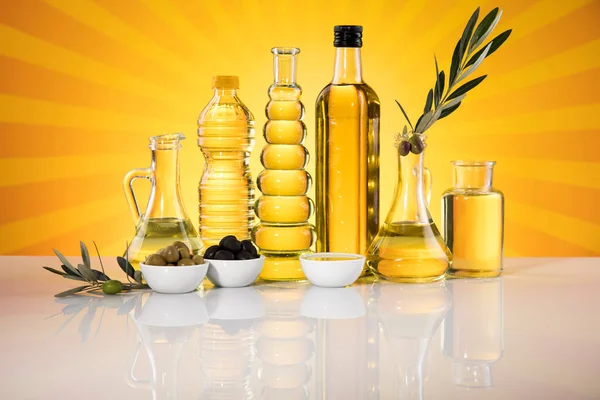 Bottles Organic Cooking Olive Oil Olive Branch — Stock Photo, Image