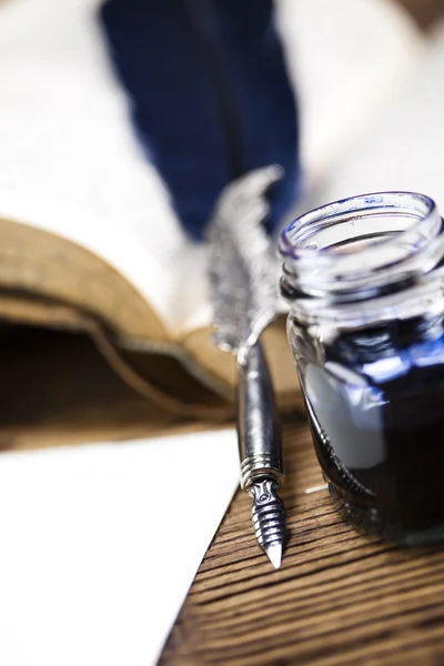 Quill Feather and Ink on open book — Stock Photo, Image