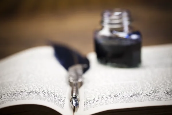 Quill Feather and Ink on open book — Stock Photo, Image