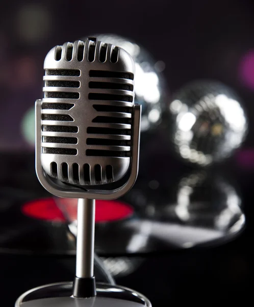 Microphone, vinyl record and Disco Balls — Stock Photo, Image