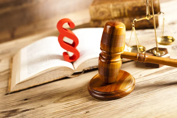 Law book, scales with mallet of judge — Stock Photo, Image