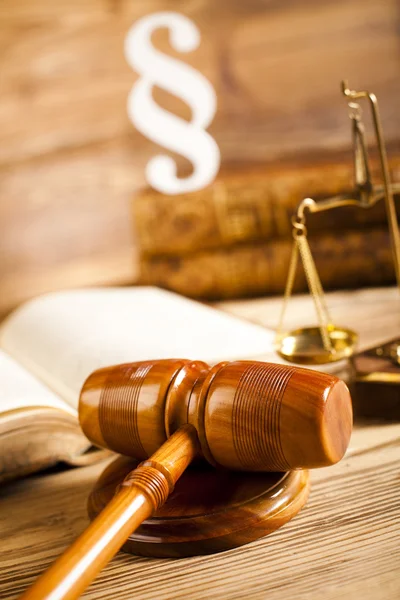 Law book, scales with mallet of judge — Stock Photo, Image