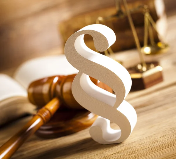 Law book, scales with mallet of judge — Stock Photo, Image