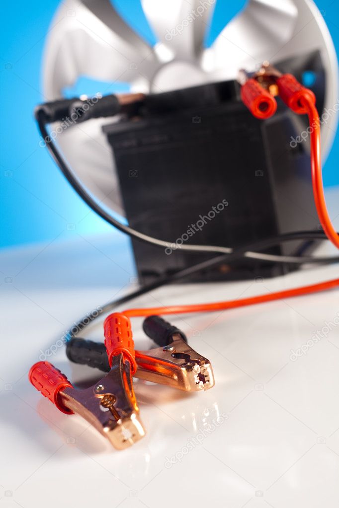 Car battery with two jumper cables