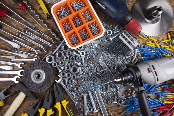 Working tools on wooden background — Stock Photo, Image