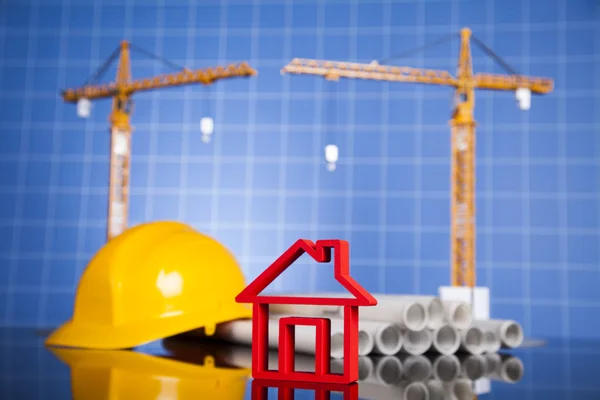 Baustelle, Kran und Baupläne — Stockfoto