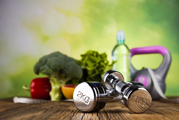 Fitness equipment and food — Stock Photo, Image