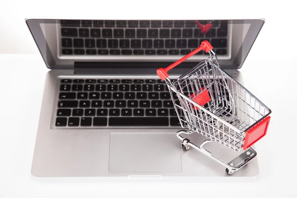 Computador, conceito de compras on-line em fundo branco — Fotografia de Stock