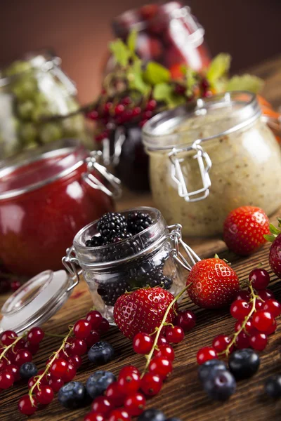 Homemade fruit jam in the glass jars — Stock Photo, Image