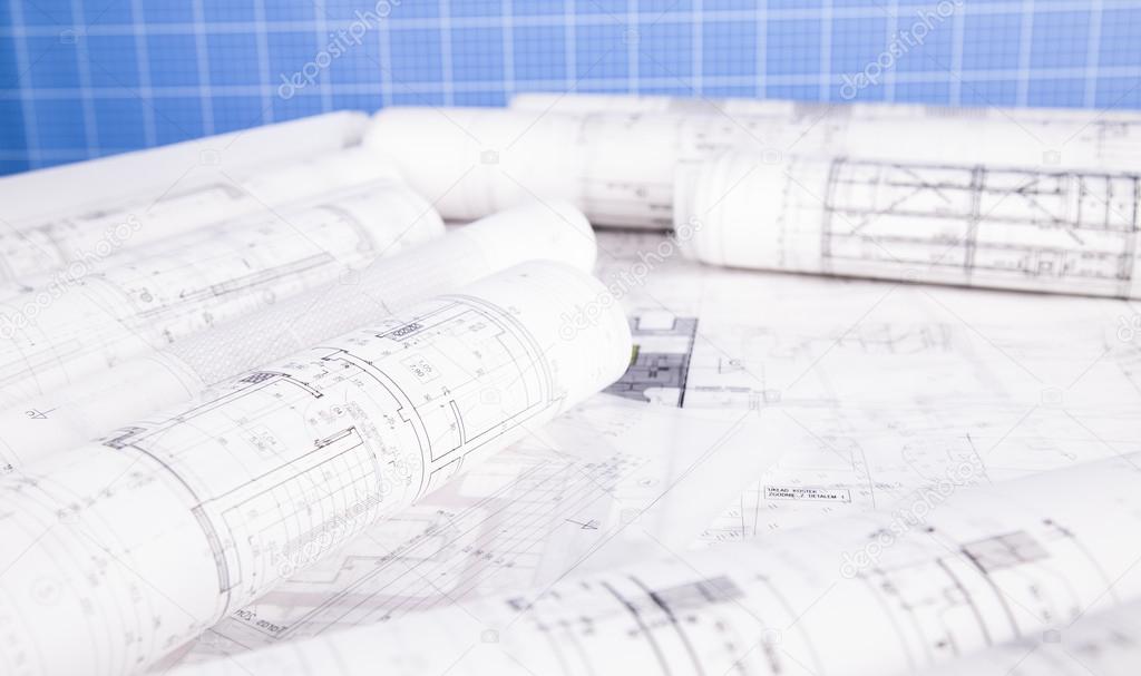Rolls of architecture blueprints concept