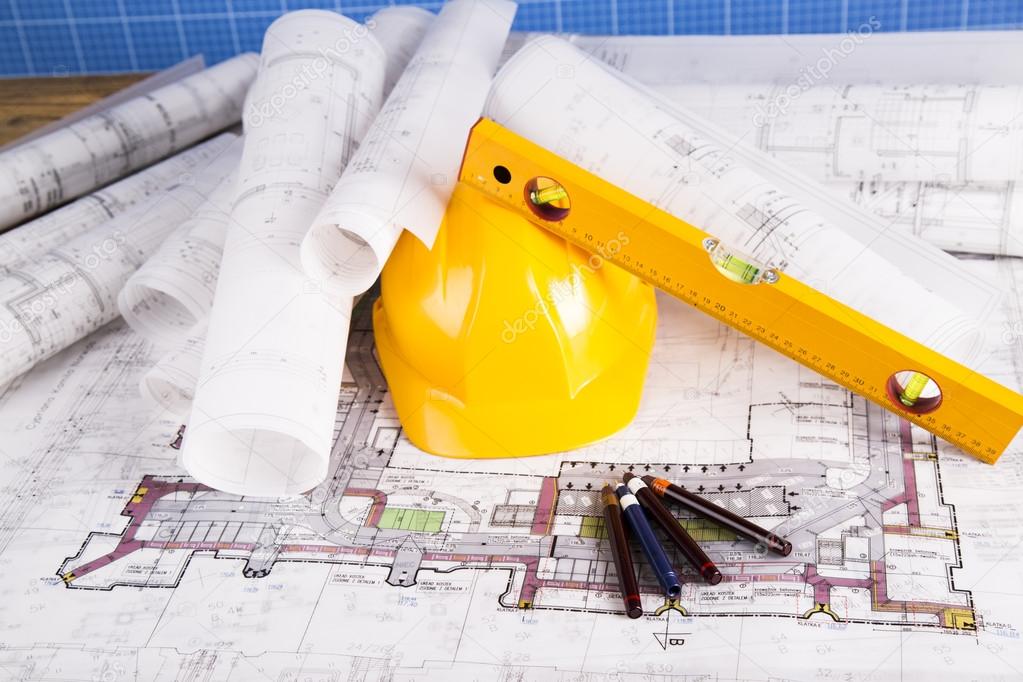 Yellow helmet, project drawings and house model