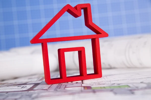 Home model met blauwdruk tekening — Stockfoto