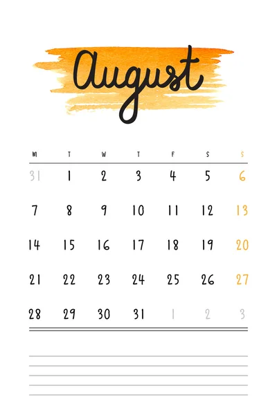 Modelo de calendário vetorial 2017 com mancha de aquarela laranja e linhas para notas. Letras desenhadas à mão - mês de verão - agosto de 2017 . — Vetor de Stock