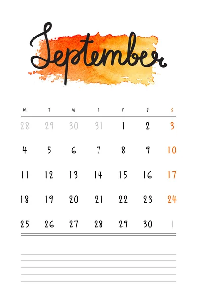 Calendario vettoriale 2017 modello con arancione acquerello macchia e linee per le note. Lettere disegnate a mano - mese autunnale - settembre 2017 . — Vettoriale Stock