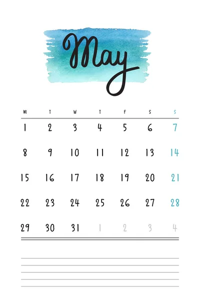 Modelo de calendário de vetor 2017 com mancha de aquarela azul claro e linhas para notas. Letras desenhadas à mão - mês de primavera - maio de 2017 . — Vetor de Stock
