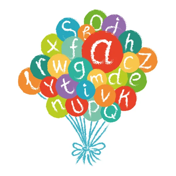 Lustiges englisches Alphabet, handgezeichnete Kreide wie in bunten Luftballons — Stockvektor