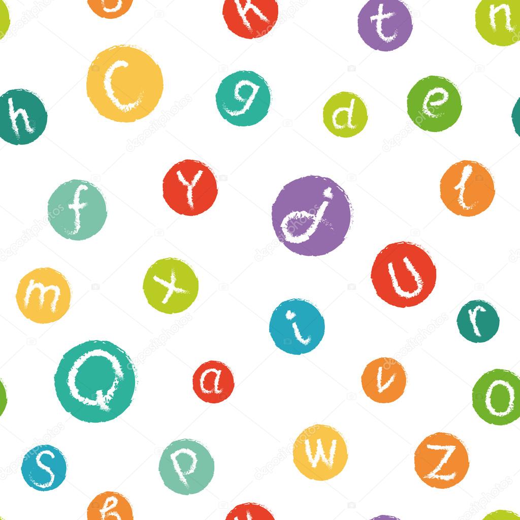 Seamless pattern - funny english alphabet. Hand drawn chalk like letters in colorful circles.