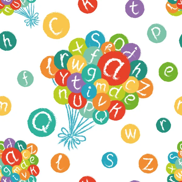 Nahtloses Muster - lustiges englisches Alphabet. handgezeichnete Kreide wie Buchstaben in bunten Luftballons. — Stockvektor